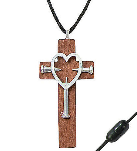 12 Wood Cross Metal Heart Necklaces